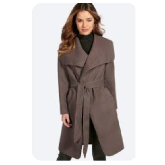 Kyna Collection Taupe Wrap Waterfall plush trench Coat waist tie size ~L - Picture 1 of 16